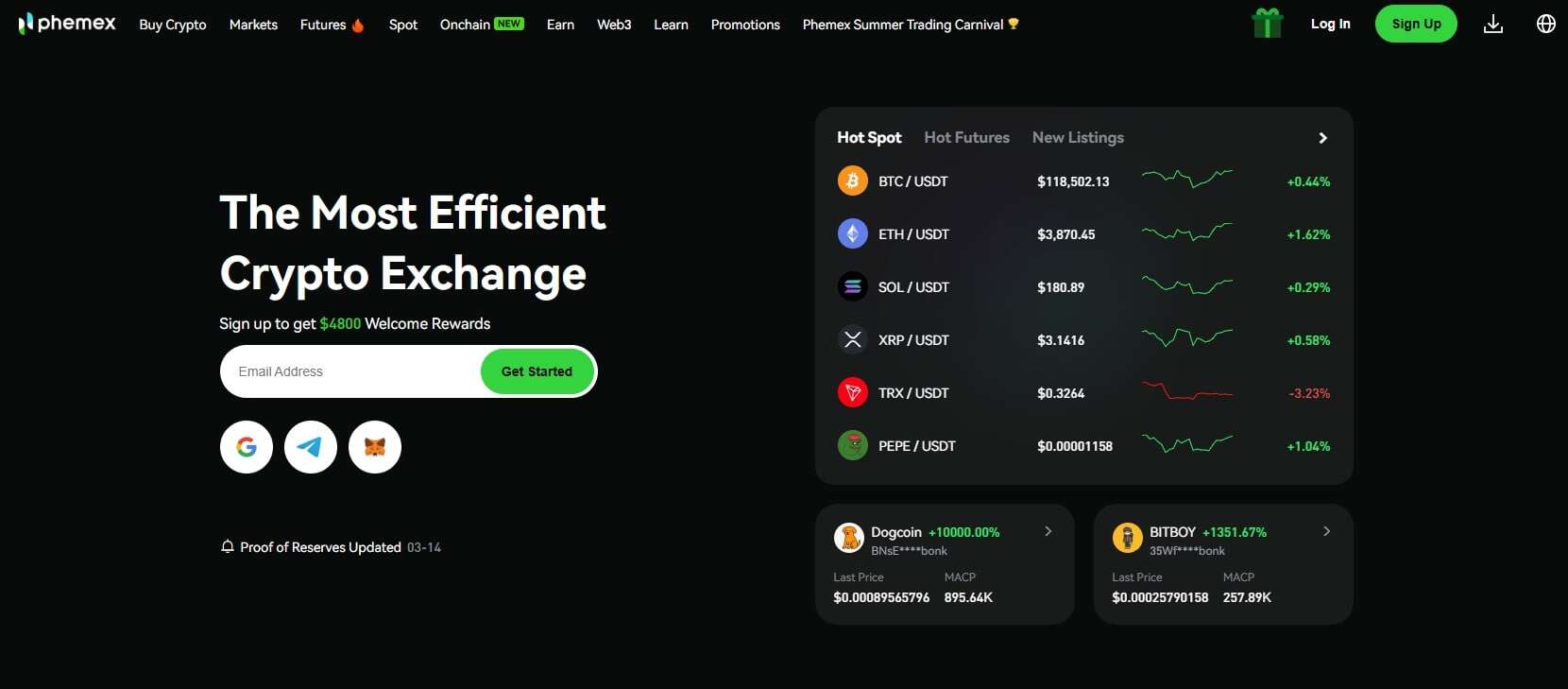 Phemex homepage