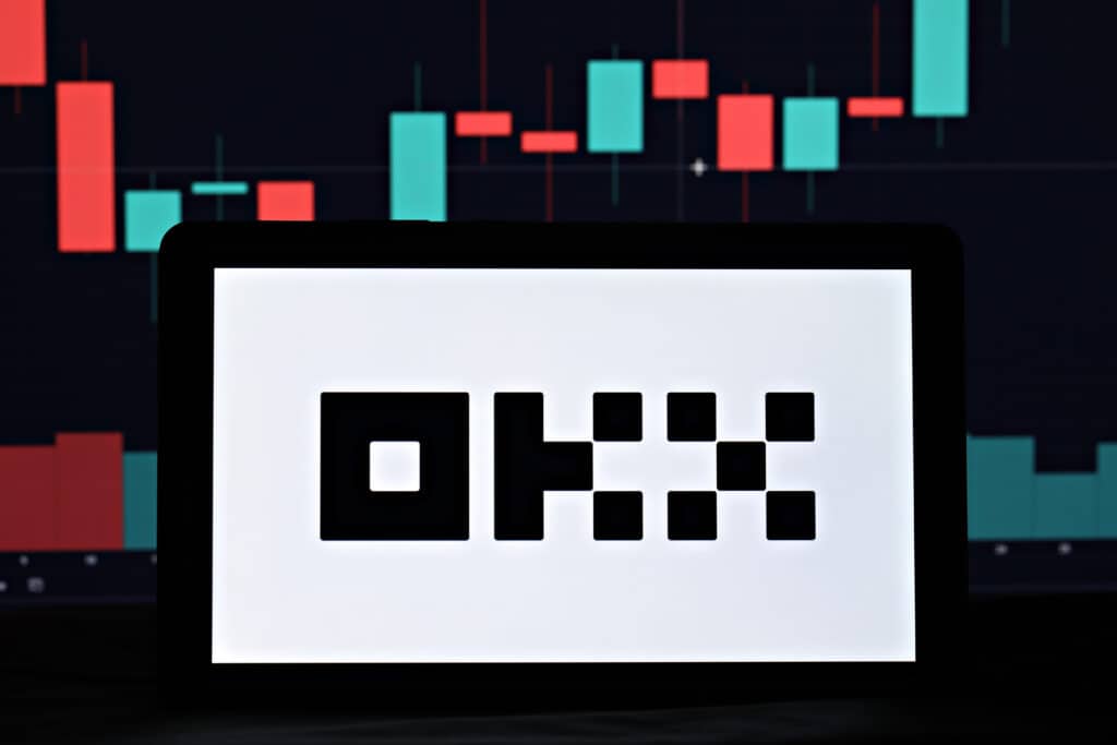 OKX Logo with Candle Chart Behind