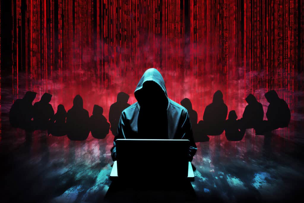 A hooded figure hacking data servers and laptops on the internet while trying to hack vulnerable systems to test cybersecurity and plant a virus or malware