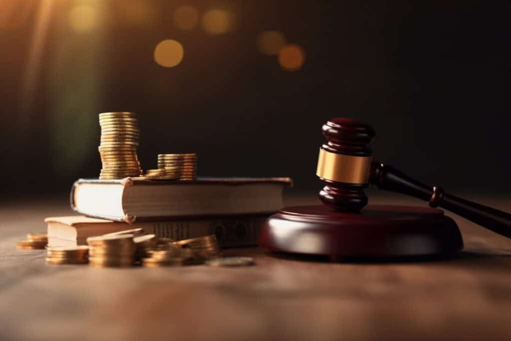 Wooden Gavel with coins stacked on top of table.