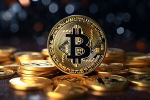 Bitcoin golden coins on a chart, Blockchain technology, bitcoin mining concept