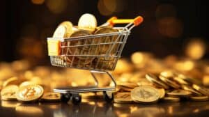 Dynamic visual representation of a shopping cart overflowing with golden Bitcoins, symbolizing wealth in cryptocurrency
