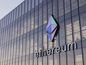 Ethereum Altcoin Signage on the Glass High Rise Building. ETH Workplace in High-rise Office Headquarters.