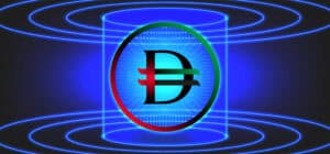 Vector round 3D digital UAE dirham symbol. Virtual cyberspace with laser blue circles. Hologram. Financial hi-tech wide neon glowing banner. United Arab Emirates.