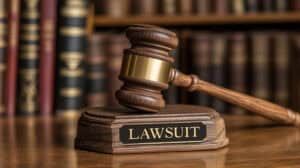 legal lawsuit concept with judge gavel in library background