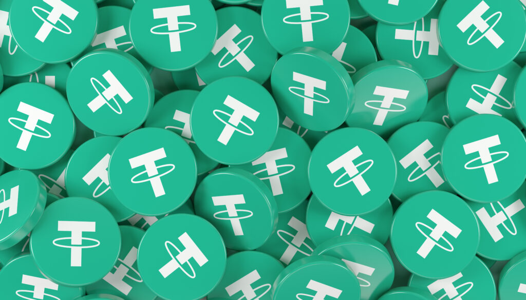 3d rendering of many round buttons with the logo of the cryptocurrency Tether (USDT)
