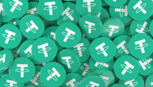 3d rendering of many round buttons with the logo of the cryptocurrency Tether (USDT)
