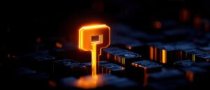 A glowing key symbol on a dark keyboard, representing security and digital access.