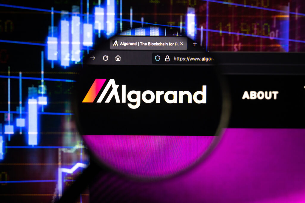 Algorand company logo on a website, seen on a computer screen through a magnifying glass.