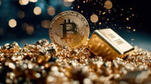 Bitcoin coin floating over pile of gold bars and nuggets, symbolizing wealth and investment. shimmering gold contrasts with digital currency, highlighting modern finance