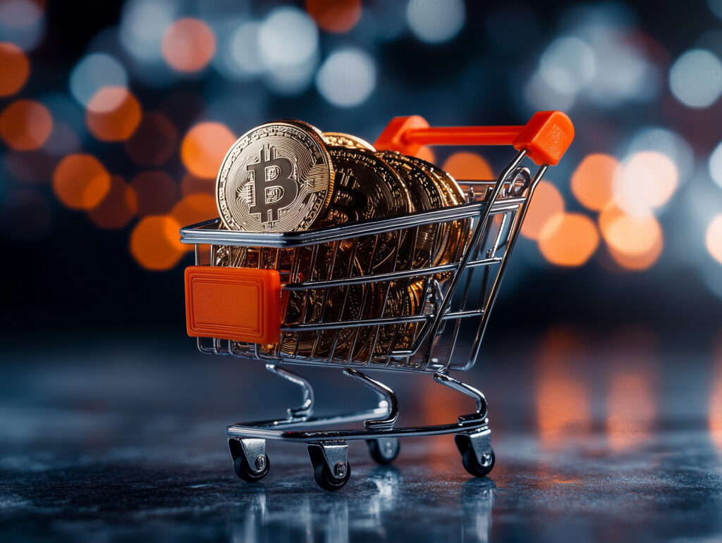 Bitcoin cryptocurrency golden coins in shopping cart representing online shopping with crypto