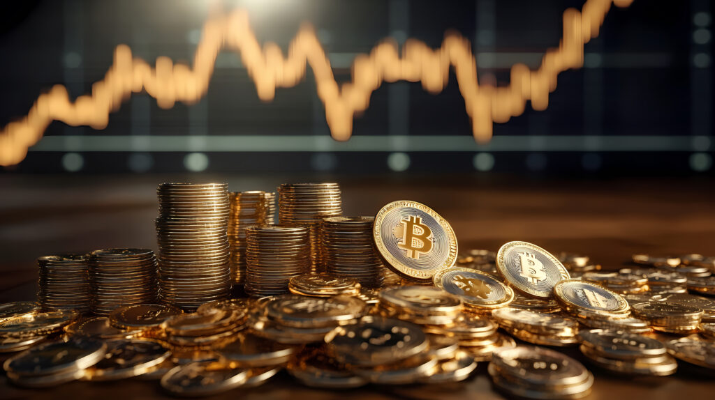 Bitcoins and Gold Coins with Ascending Trend Line