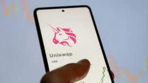 Close up on logo of (UNI) uniswap on the screen of an exchange.