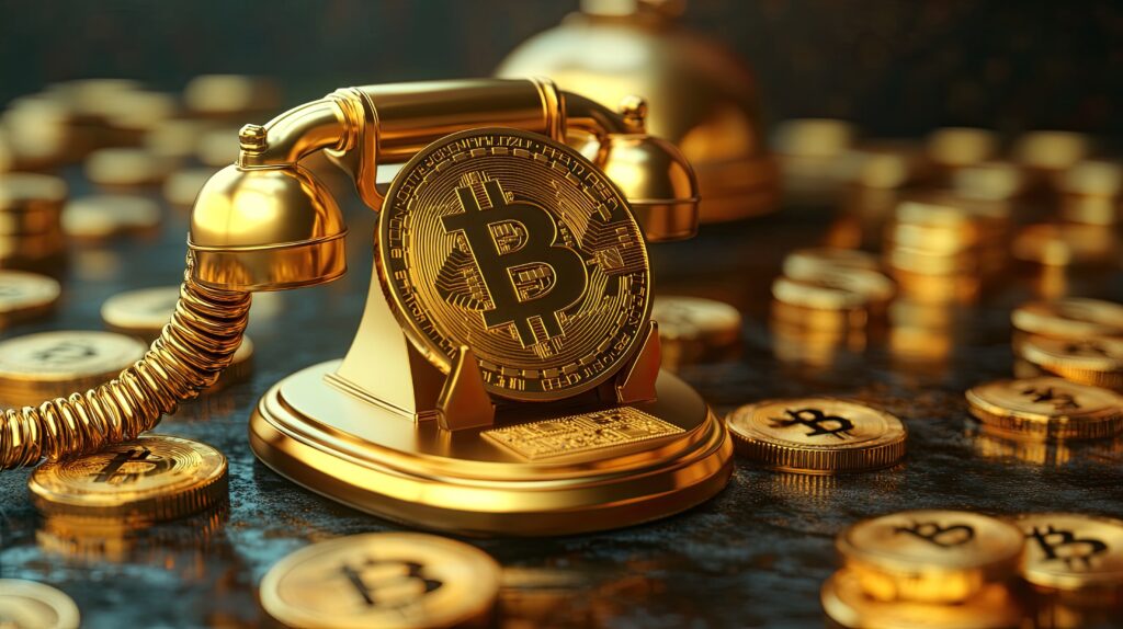 Golden rotary phone with Bitcoin on a dark surface surrounded by gold coins.