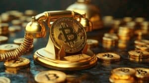 Golden rotary phone with Bitcoin on a dark surface surrounded by gold coins.