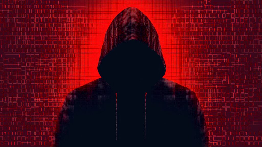 Mysterious Hooded Figure Silhouetted Against Red Background with Binary Code Symbolizing Cybersecurity and Intrigue