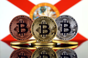 Physical version of Bitcoin (BTC) and Florida State Flag.
