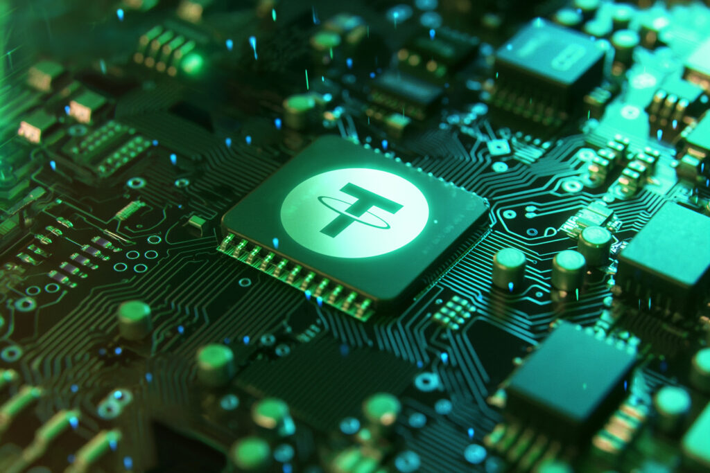 Tether or USDT crypto currency concept. TETHER coin or logo on microchip