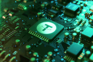 Tether or USDT crypto currency concept. TETHER coin or logo on microchip