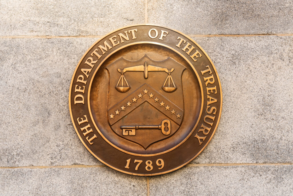 United States Department of the Treasury in Washington, D.C., USA. Seal on the building.