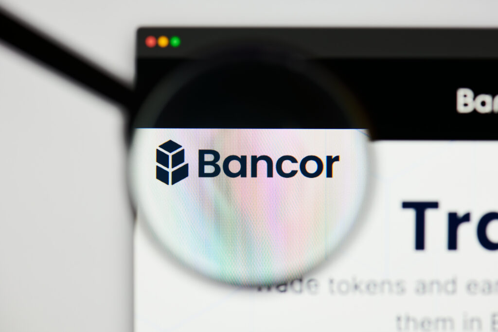 bancor network token - BNT website's hp. bancor network token, BNT coin logo visible through a loope.