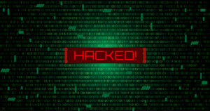 cyber hack notification alert in green matrix binary data falling with corrupted data lines background banner template
