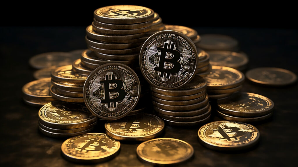 A pile of bitcoin coins in a front view