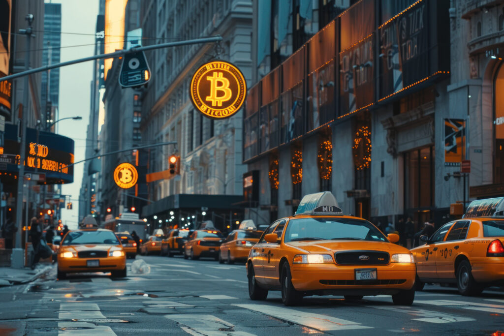 Bitcoin Signage Glowing on Busy City Street