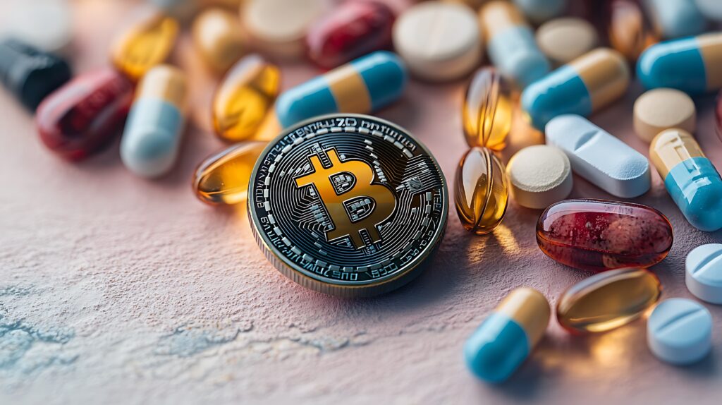 Bitcoin amidst pills. Cryptocurrency and healthcare