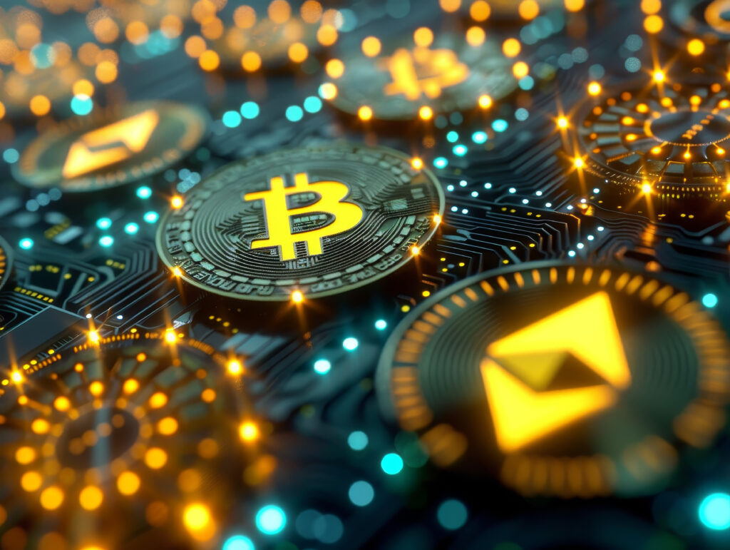 Bitcoin and Ethereum coins on a circuit board illuminated with orange and blue lights, symbolizing cryptocurrency and blockchain technology.