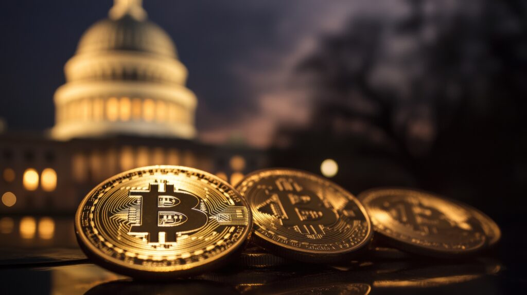 Bitcoin coins in the foreground with the U.S. Capitol building illuminated at night, symbolizing cryptocurrency, finance, and government regulation trends.