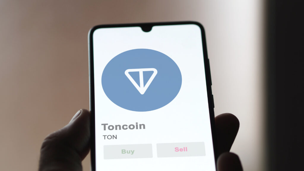 Close up on logo of TON Toncoin on the screen of an exchange.