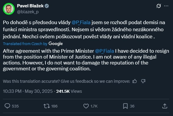 Czech Justice Minister Pavel Blazek resignation tweet
