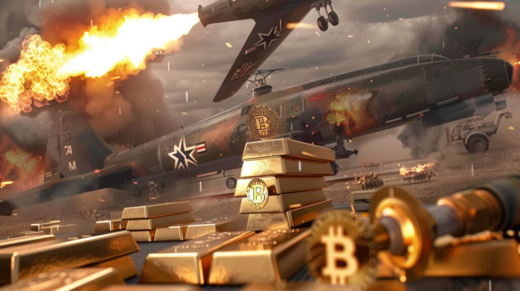 Dramatic scene depicting warfare with explosions, military assets, and cryptocurrency elements highlighting conflict and finance.