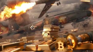 Dramatic scene depicting warfare with explosions, military assets, and cryptocurrency elements highlighting conflict and finance.
