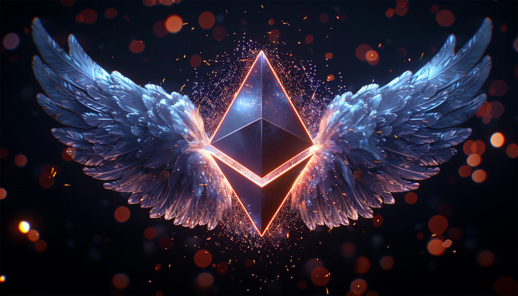 Ethereum with white wings flying.