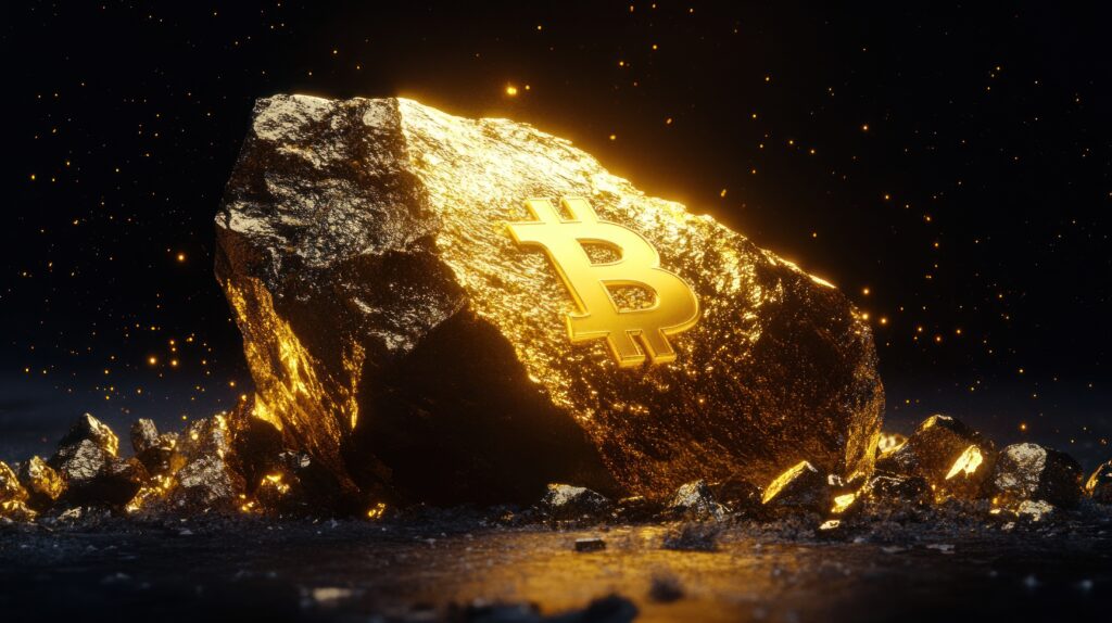 Glowing Bitcoin symbol embedded in gold ore; dark background
