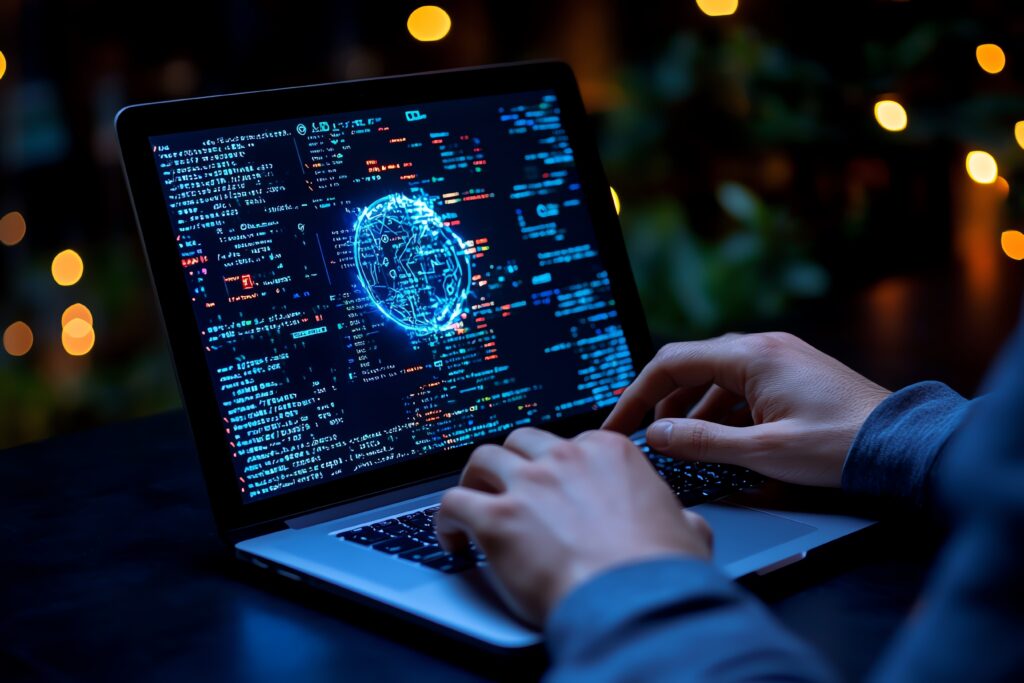 Hacker navigating the dark web, with a laptop showing hidden marketplaces, encrypted messaging, and layers of deep web code, creating a shadowy digital underworld