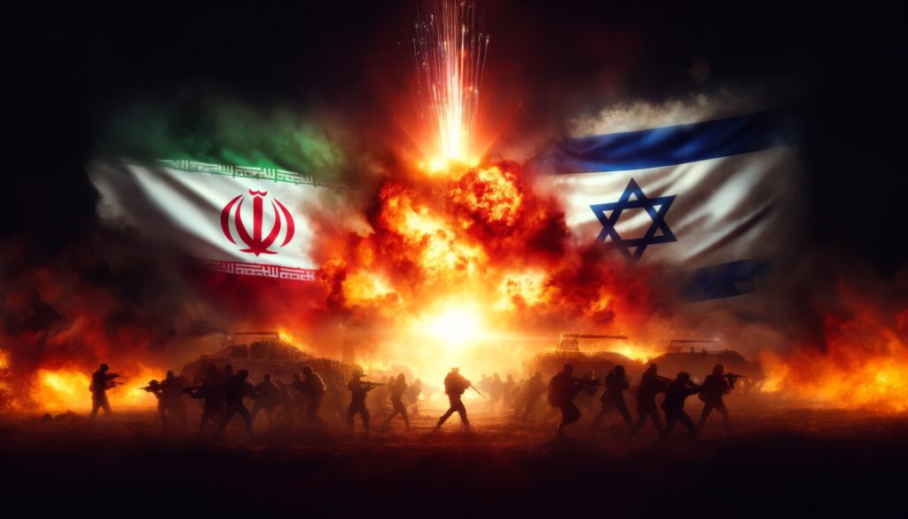Military standoff with Israeli and Iranian flags amidst fiery skies