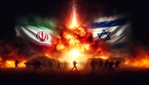 Military standoff with Israeli and Iranian flags amidst fiery skies