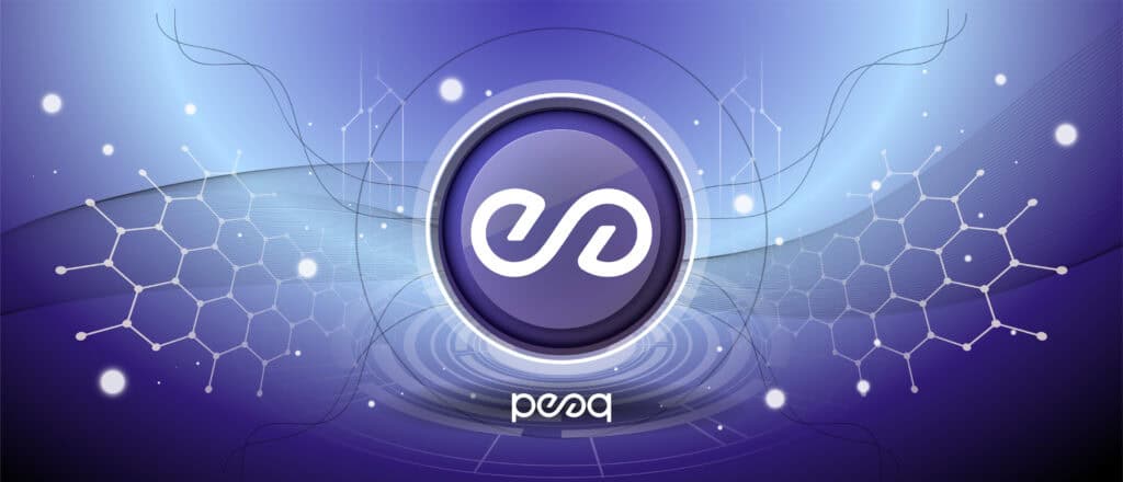 Peaq network coin symbol with crypto currency blue background design. Modern neon color banner, peaq logo or peaq icon. Cryptocurrency Blockchain technology, digital DePIN. Internet of things Vector.
