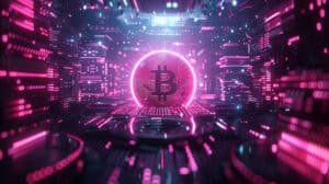 Pink 3D bitcoin in quantum computing environment, expressing future finance