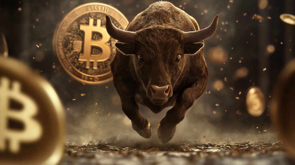 Raging Bull Running Toward Camera with Giant Bitcoin in Background | Cryptocurrency Bull Run Concept | bitcoin bull run | Cryptocurrency profit