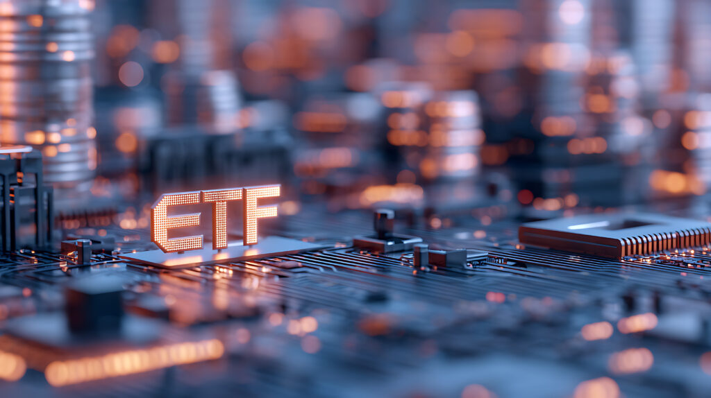 3D Rendering of Exchange Traded Fund (ETF) text and Bitcoin (BTC) on glowing abstract led data and circuit diagram.