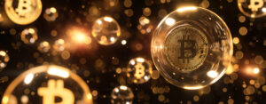 A bubble with the bitcoin logo floating in front of an array of other bubbles on a dark background