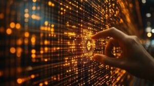 A futuristic digital wallet on a smartphone, displaying cryptocurrency balances and real-time transaction updates.