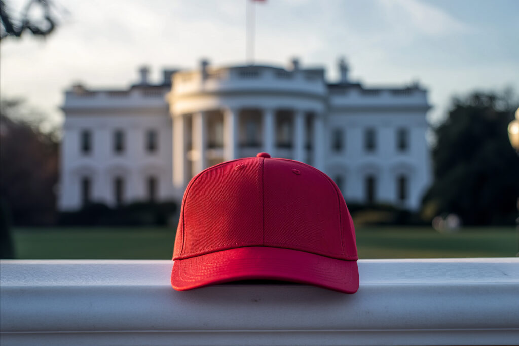 A symbolic red baseball cap in front of the White House in Washington