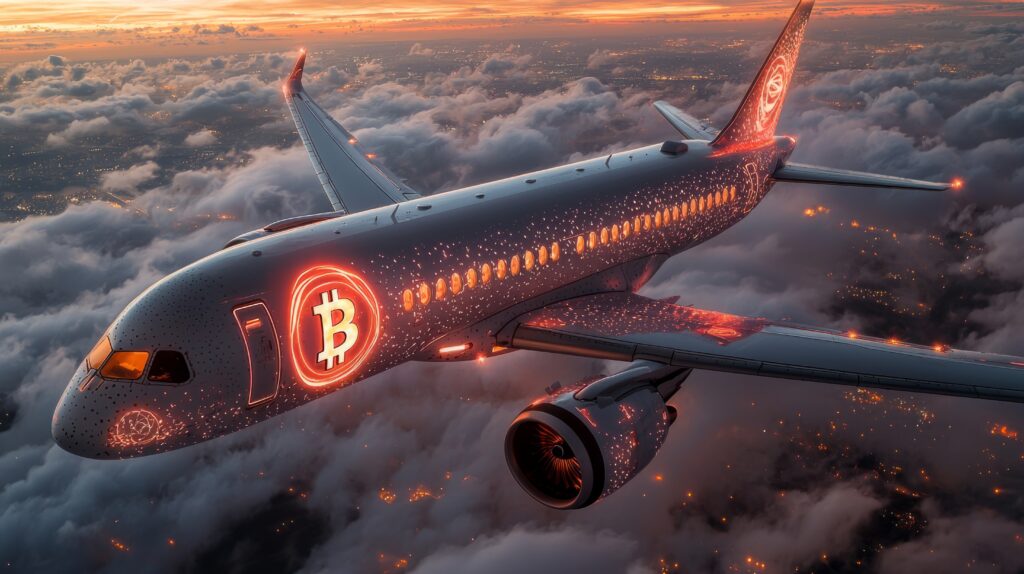 Business private jet airplane with bitcoin logo.
