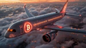 Business private jet airplane with bitcoin logo.