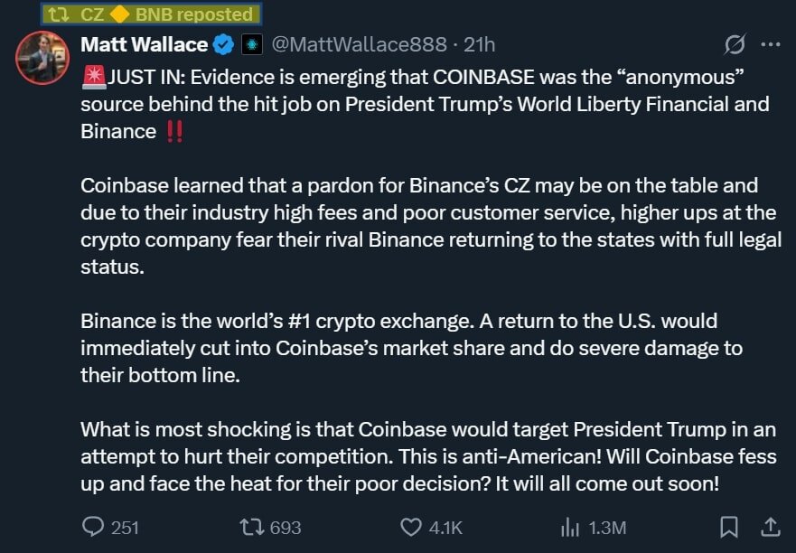 CZ reposts tweet alleging Coinbase was behind anti-Trump and anti-Binance report.